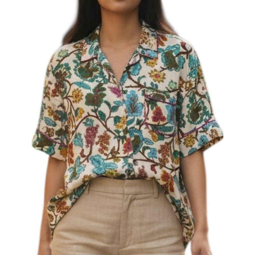 Rose & Olive Boho Floral Short Sleeve Button Down Shirt